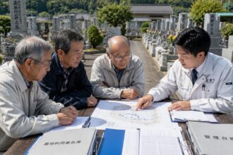 墓地管理委員会の役割について話し合う墓地管理委員と石材店スタッフ