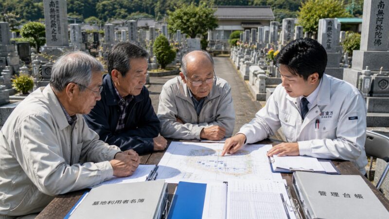 墓地管理委員会の役割について話し合う墓地管理委員と石材店スタッフ