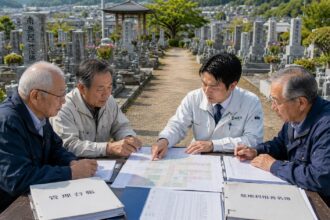 地域墓地の管理について相談する墓地管理委員と石材店スタッフ