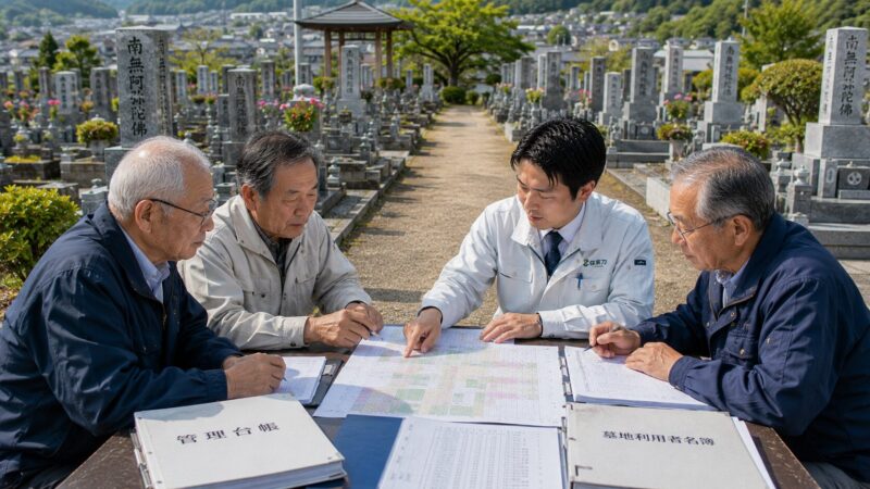 地域墓地の管理について相談する墓地管理委員と石材店スタッフ
