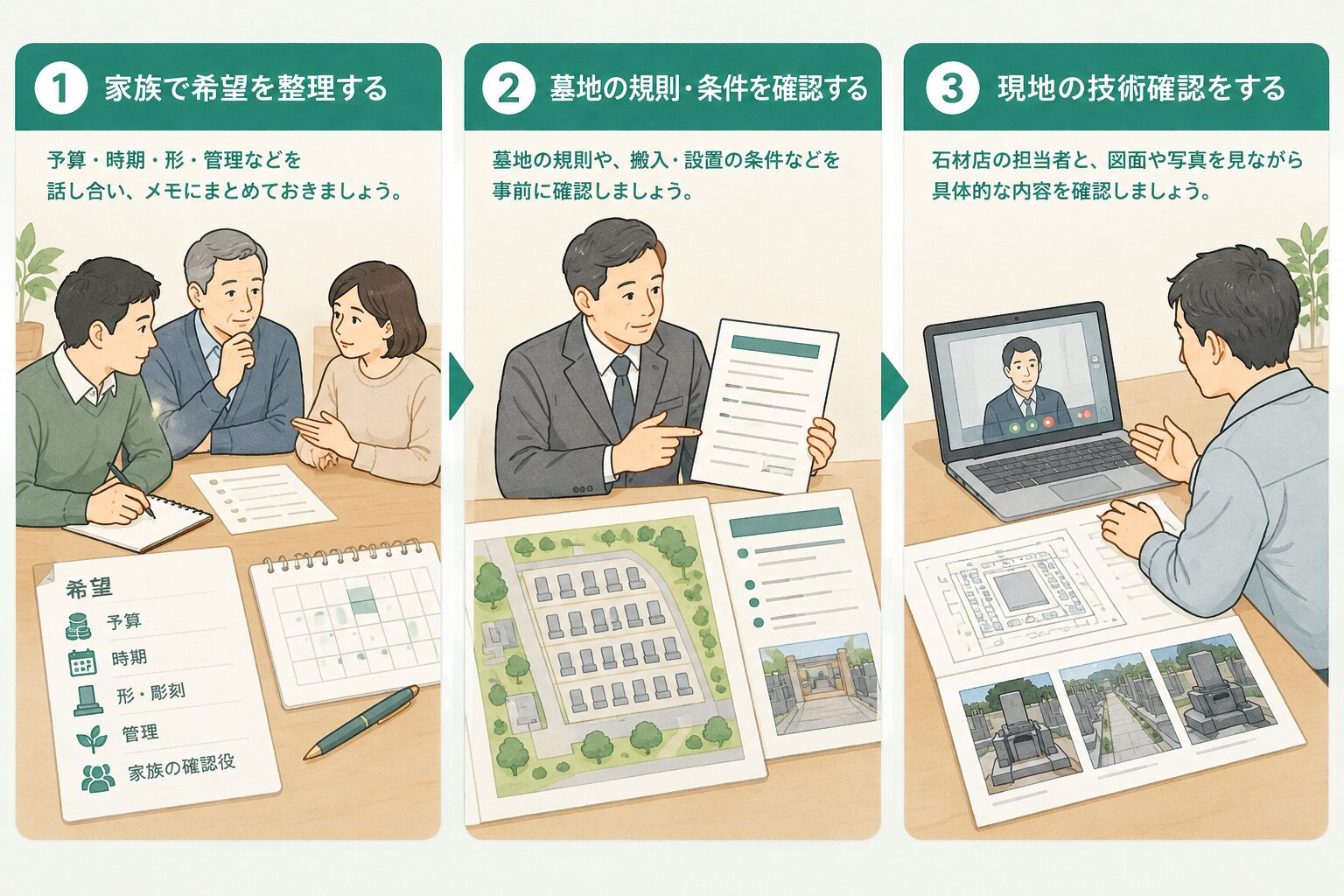 家族の希望、墓地管理者への確認事項、オンライン相談に用意する写真や図面を整理したイラスト