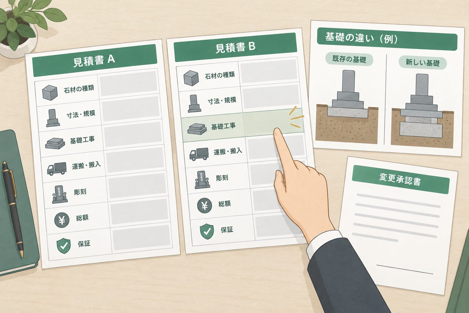 石材や寸法だけでなく基礎工事と追加作業の条件をそろえて見積もりを比較するイラスト