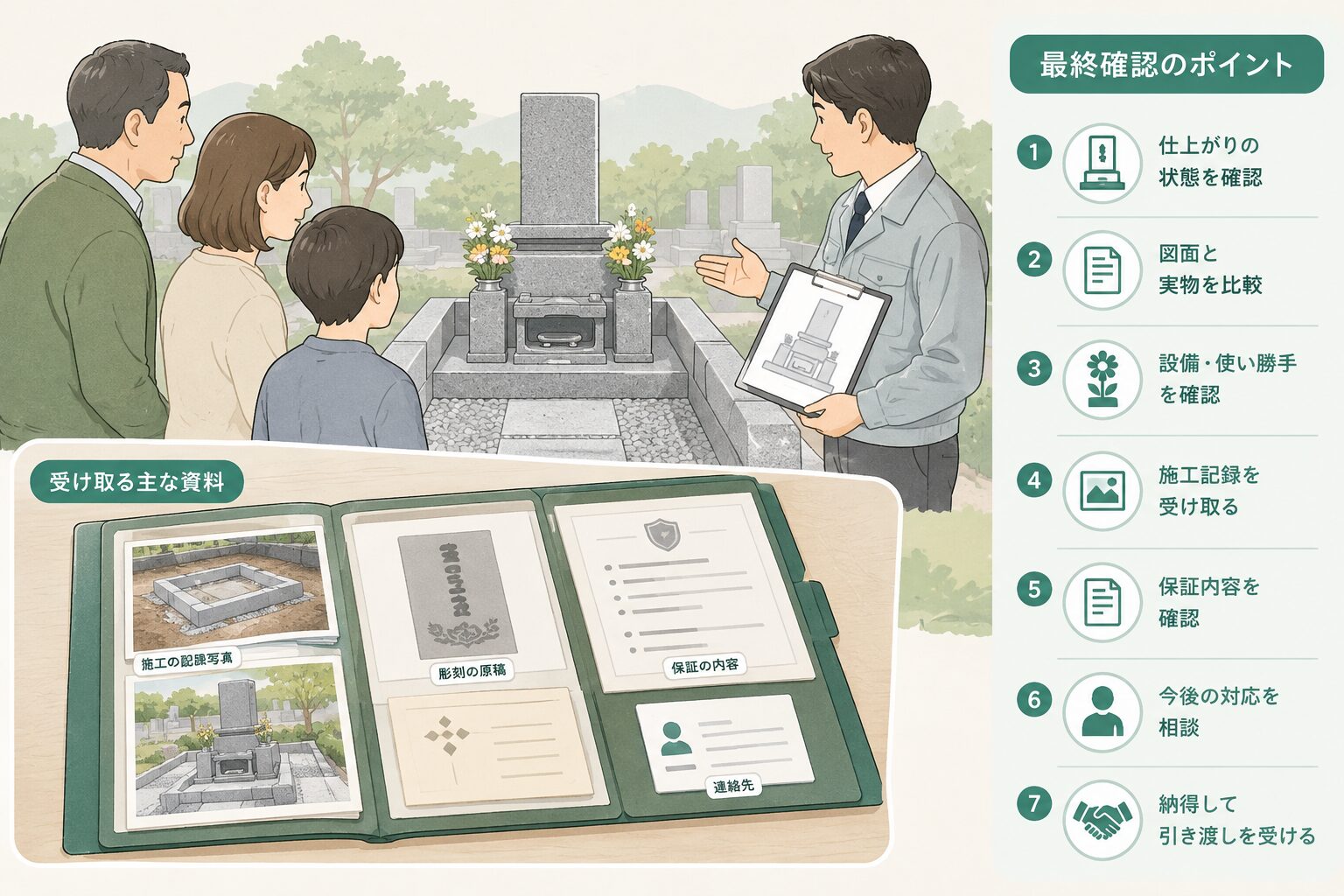 完成したお墓を図面と照合し、施工記録や保証内容、連絡先を受け取る引き渡し確認のイラスト